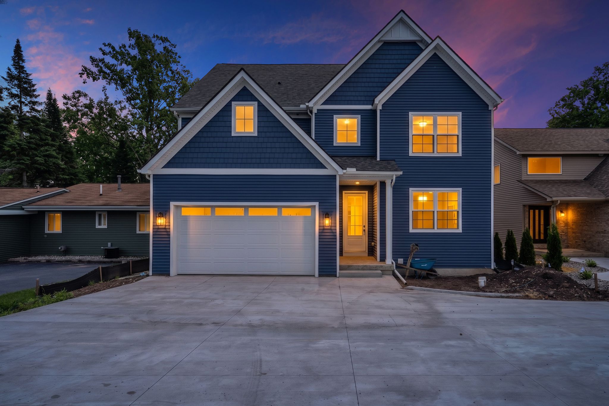 Warm front entry at evening, welcoming and family-oriented